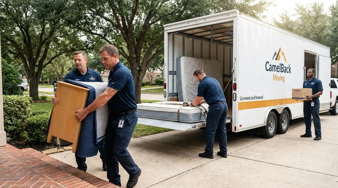 Crew loading residential truck for cross-state move from Rigby, ID