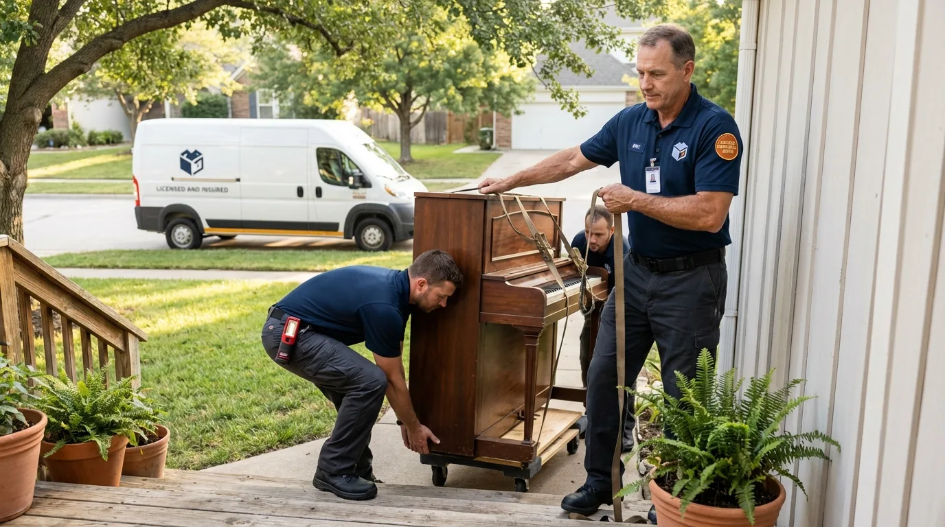 Licensed piano movers securing grand piano in Rigby, ID