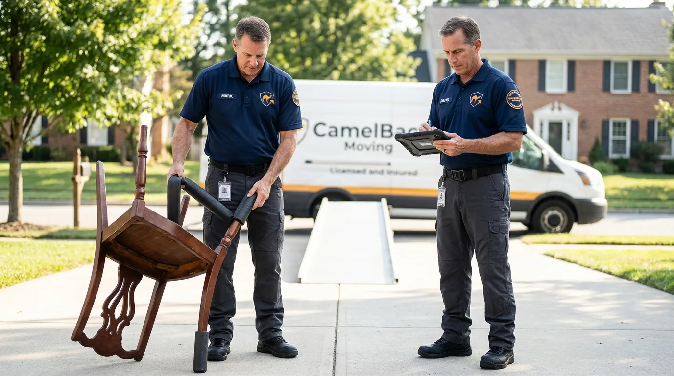 Movers inspecting furniture for damage prevention before loading in Rigby, ID